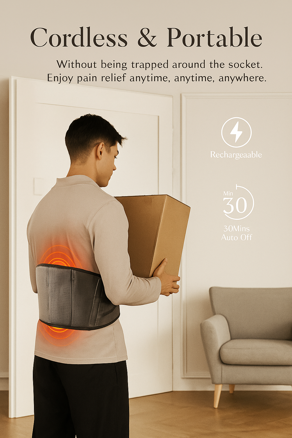 Cordless Heating Pad for Back, 60" Lower Back Massager, Heated Back Support Brace with 3 Heating Levels and 5 Vibration Modes